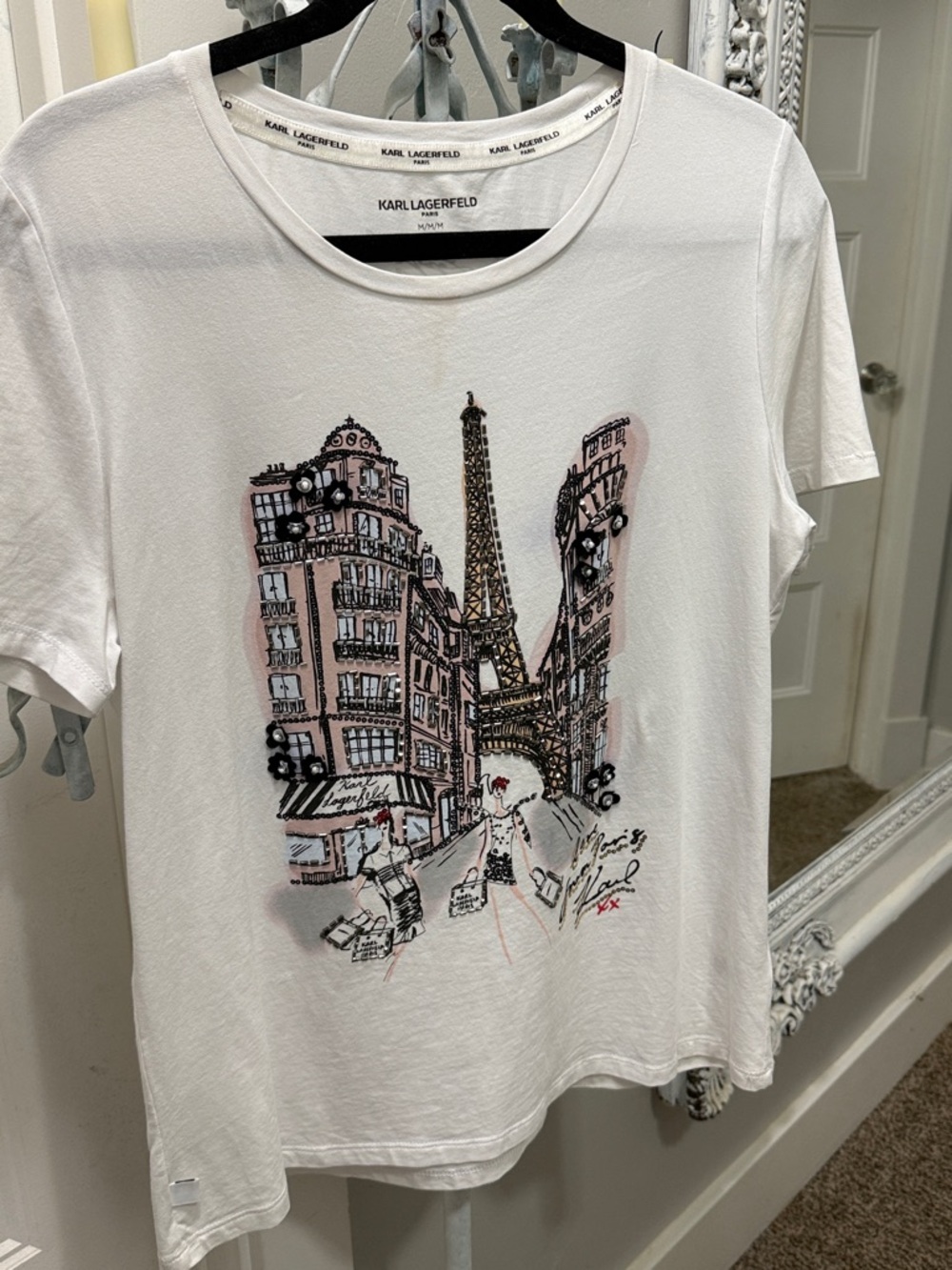 Karl Lagerfeld White Tee with Pink & Black Paris Sketch